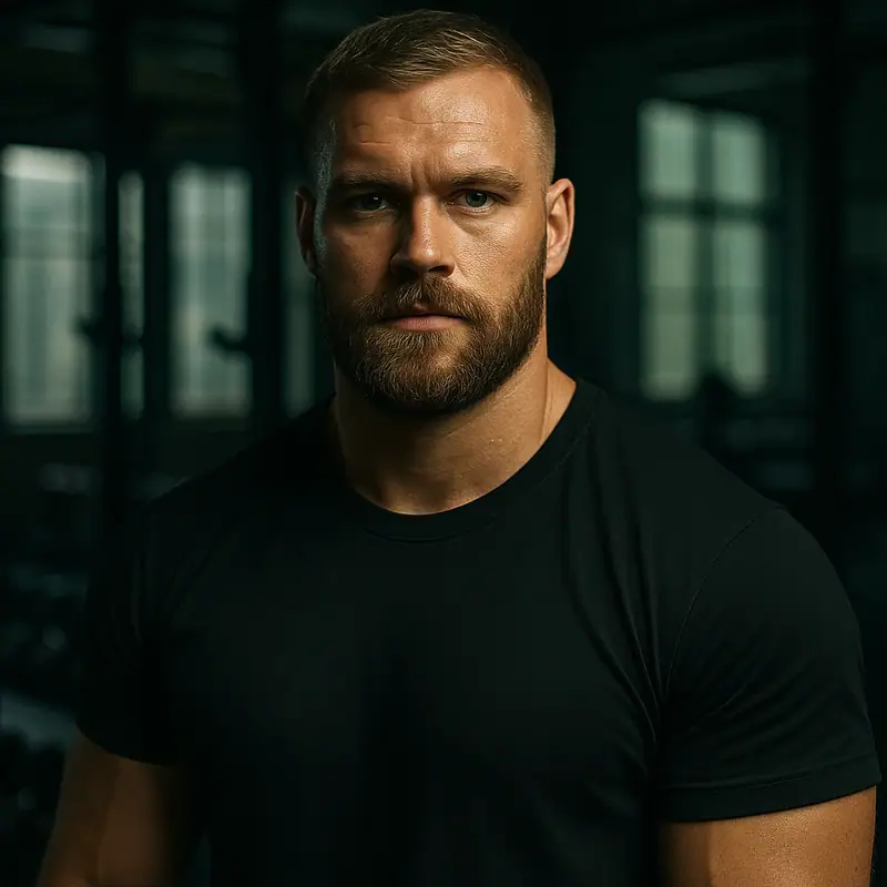 AI-genererat porträtt av coachen Birk: skäggig man med allvarlig blick i ett mörkt gym