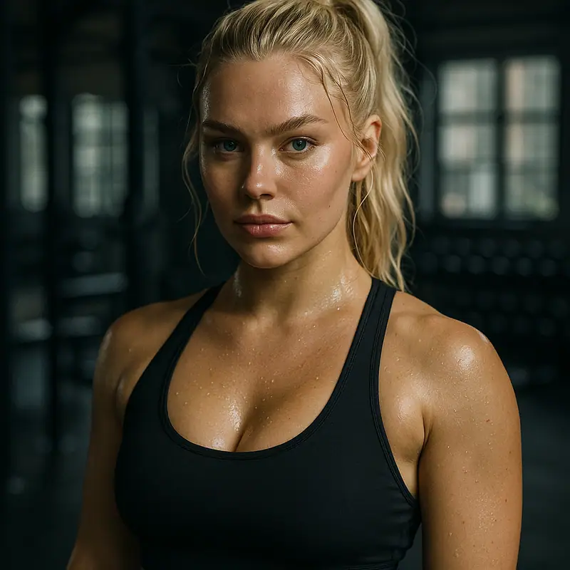 AI-genererat porträtt av coachen Freja: blond kvinna med hästsvans i träningslinne i ett mörkt gym