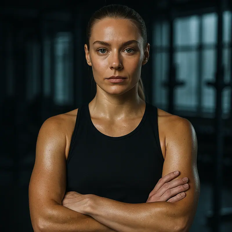 AI-genererat porträtt av coachen Nova: kvinna med uppsatt hår och armarna i kors i ett mörkt gym