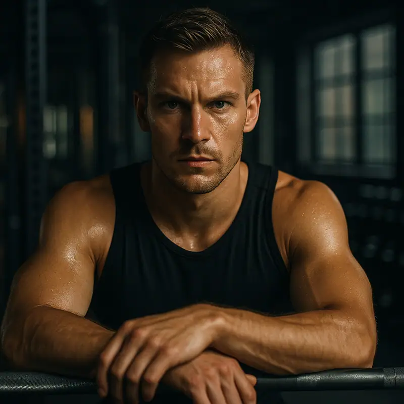 AI-genererat porträtt av coachen Rex: kortklippt man med fokuserad blick i ett mörkt gym