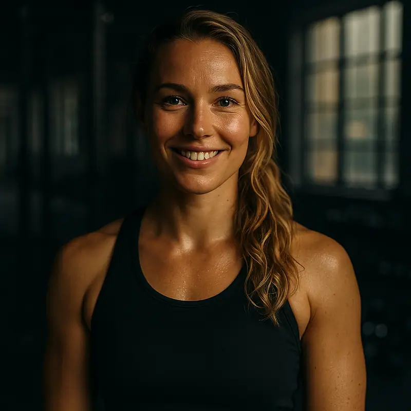 AI-genererat porträtt av coachen Sol: leende kvinna med hästsvans i ett mörkt gym